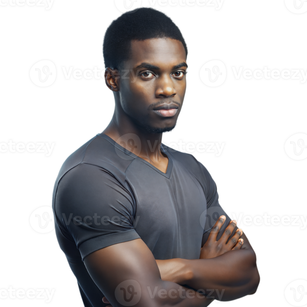 Determined young man with arms crossed, looking intense on transparent background png