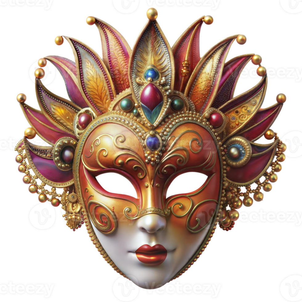 Decorative Venetian carnival mask with vibrant colors, feathers, and jewels, isolated on a transparent background. png