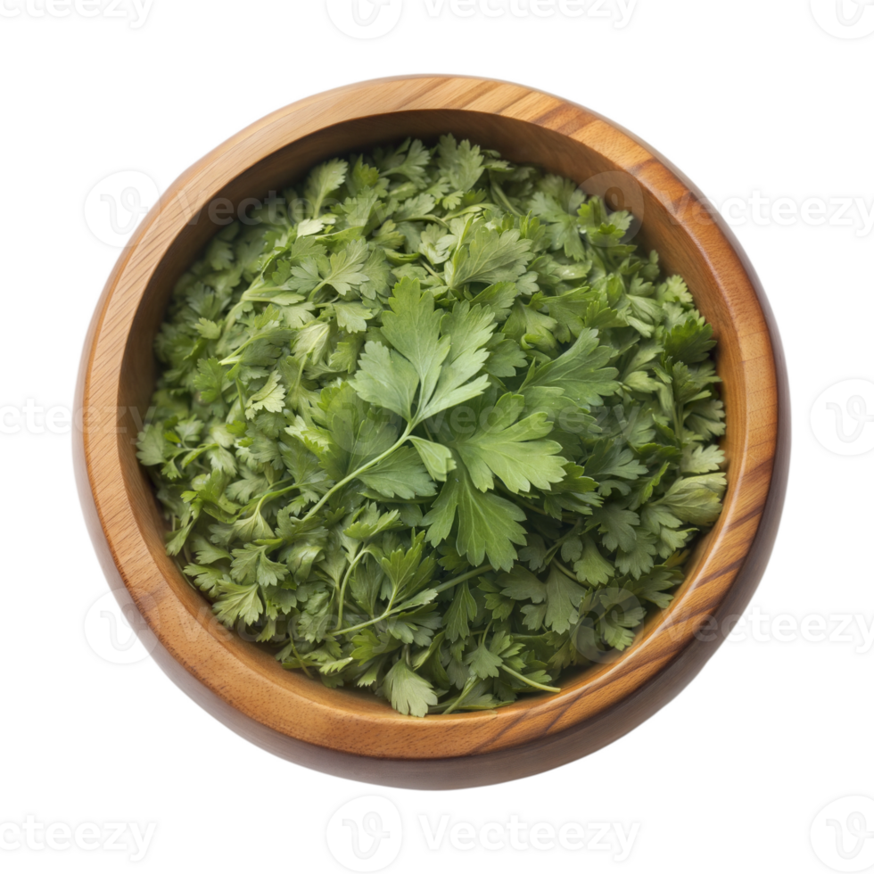 Bowl filled with fresh green parsley leaves, finely chopped, on a transparent background. png