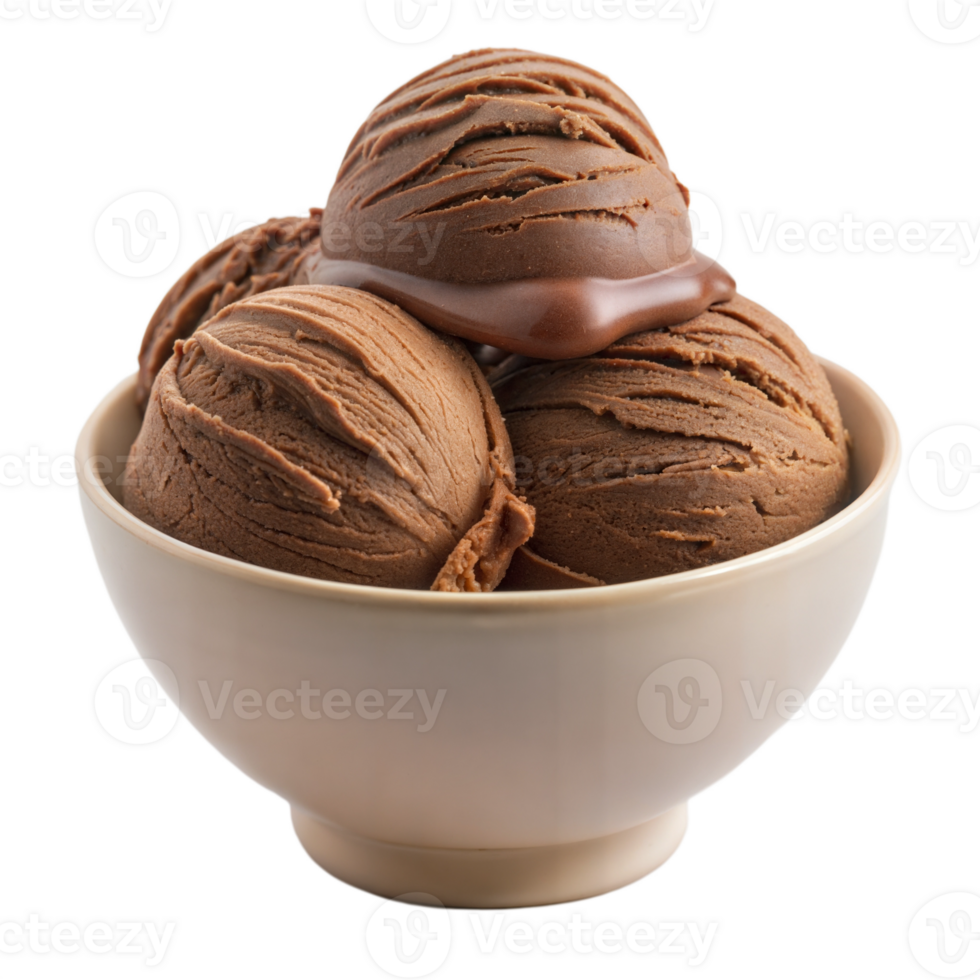 Bowl of chocolate ice cream scoops with a smooth texture, isolated on a transparent background. png