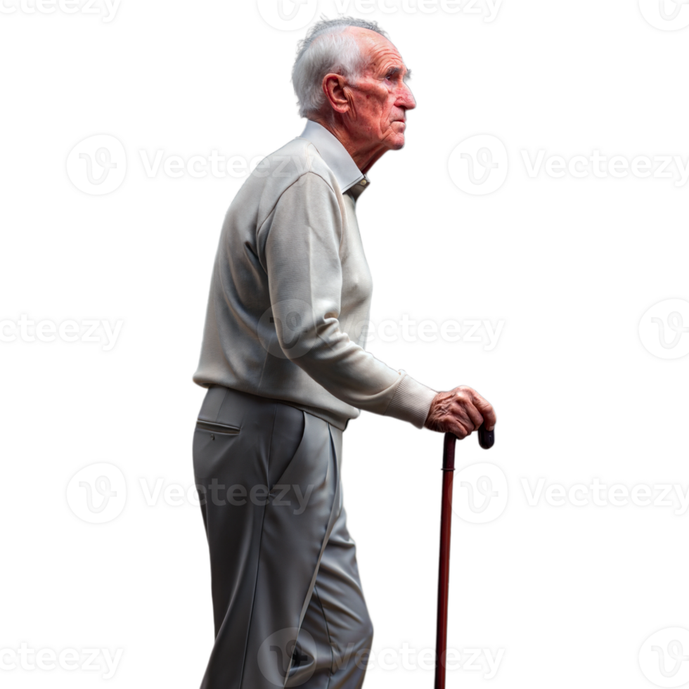 Side view of an elderly man with a cane, wearing casual clothes on transparent background png