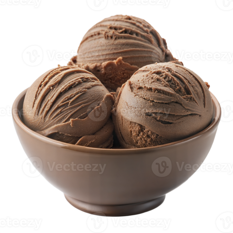 Three scoops of chocolate ice cream in a bowl, smooth and creamy, isolated on a transparent background. png