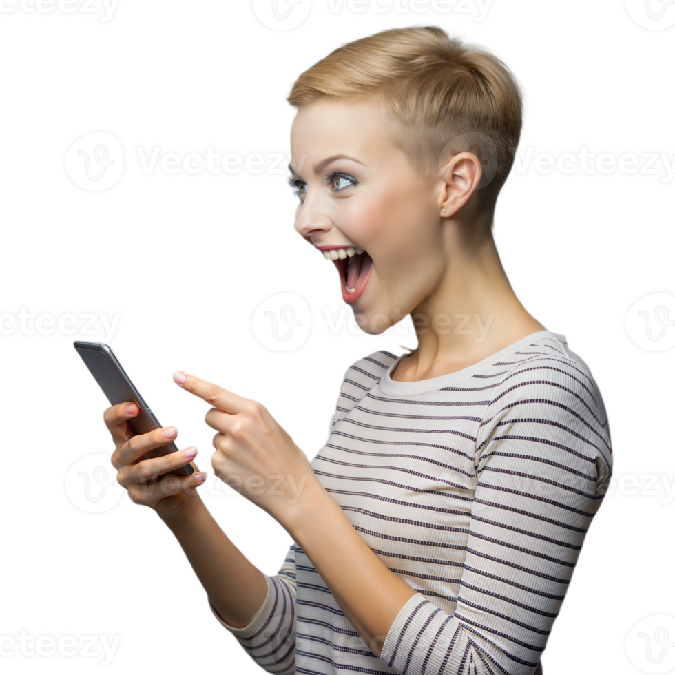 Happy woman using a smartphone, looking thrilled on transparent background png