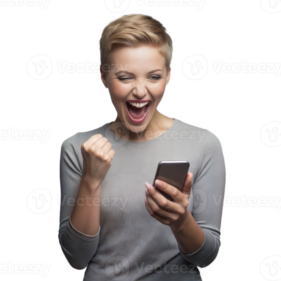 Joyful woman using a smartphone, looking delighted on transparent background png