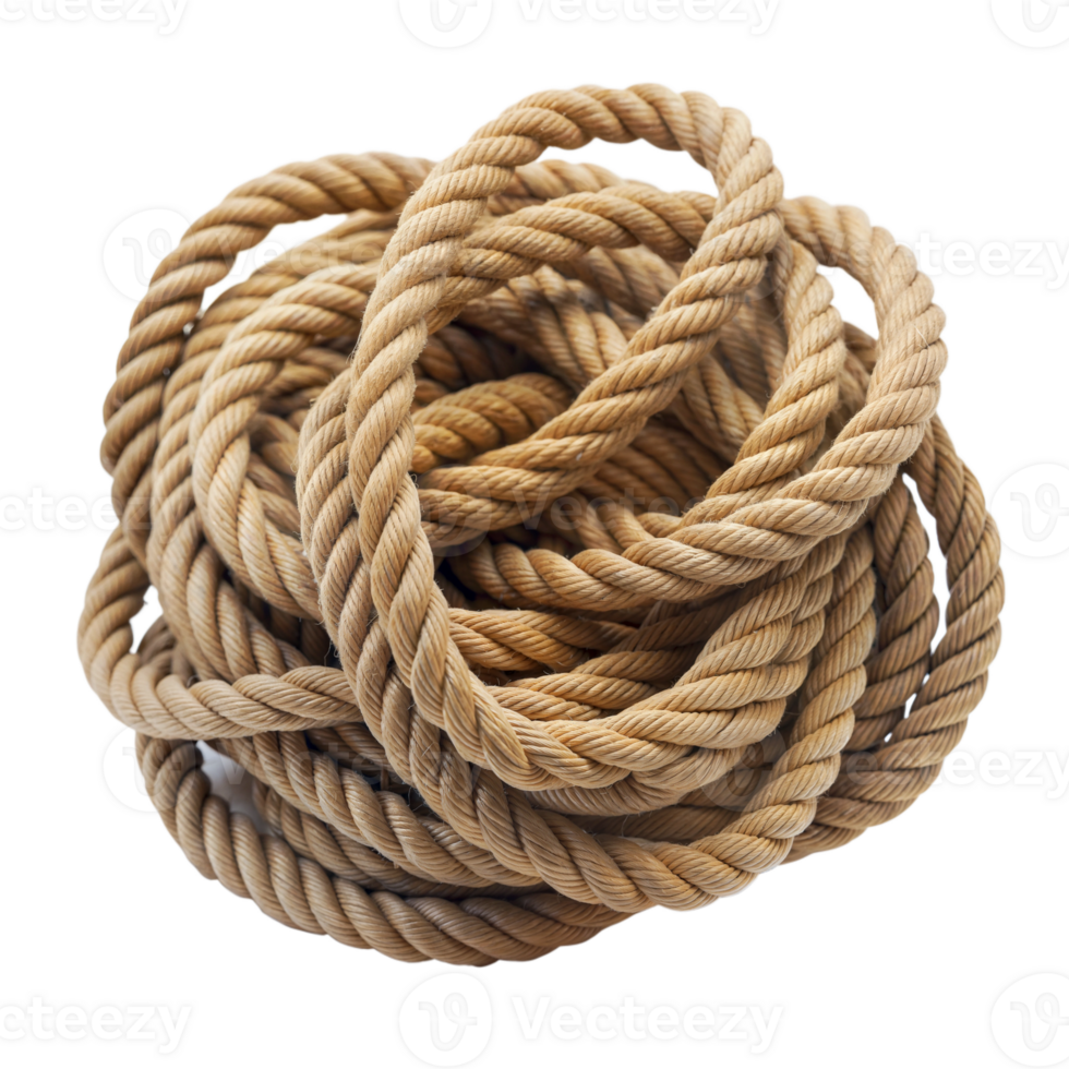 Coil of thick brown rope, tightly wound, isolated on a transparent background. png