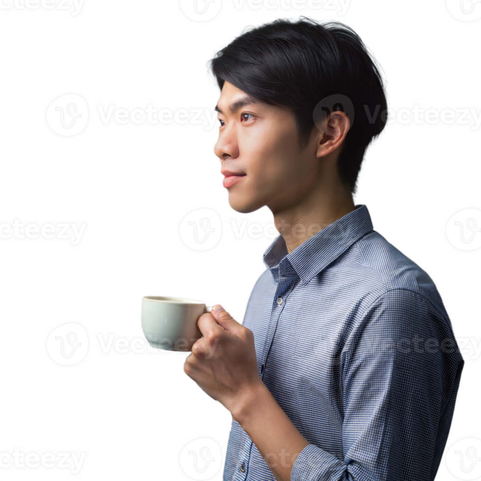 Side view of a young man in a blue shirt holding a coffee cup on transparent background png