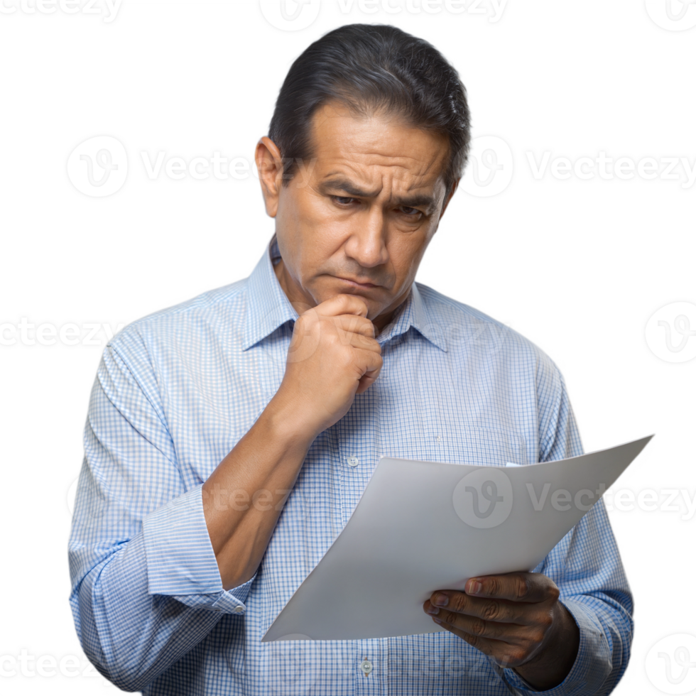 Thoughtful man reading a document, looking serious on transparent background png