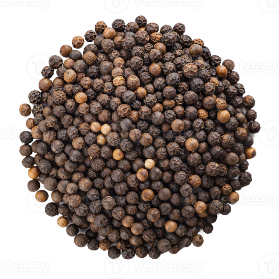 Top view of a pile of whole black peppercorns with their rough texture and natural dark color, on a transparent background. png