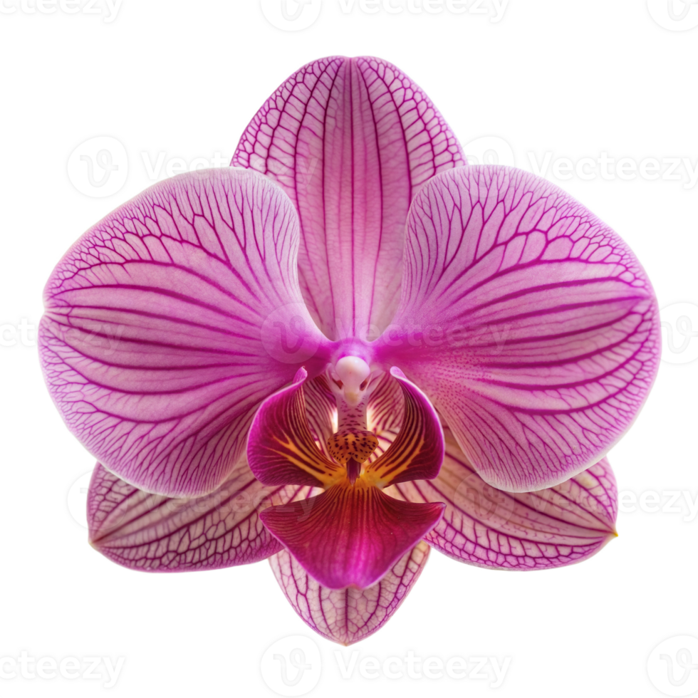 Close-up of a vibrant pink orchid flower in full bloom with detailed petals and a bright central stamen on a transparent background. png