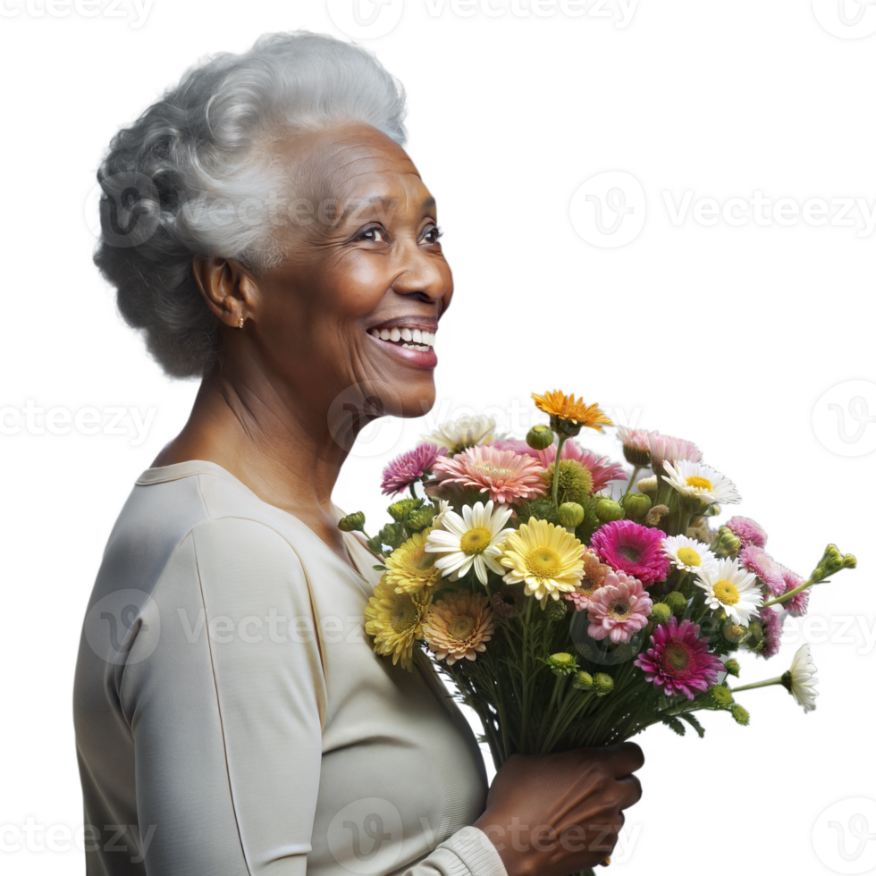Happy elderly woman holding a bouquet of flowers, smiling on transparent background png