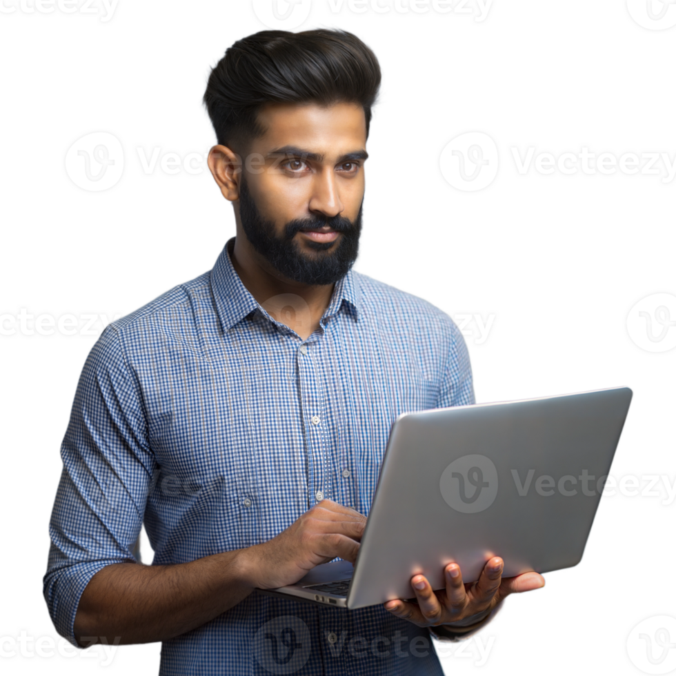 Bearded man in blue shirt working on laptop, side view on transparent background png