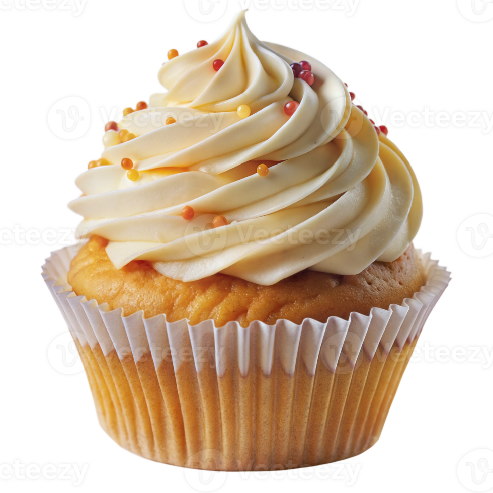 Vanilla cupcake with creamy frosting and sprinkles in a white wrapper, on a transparent background. png
