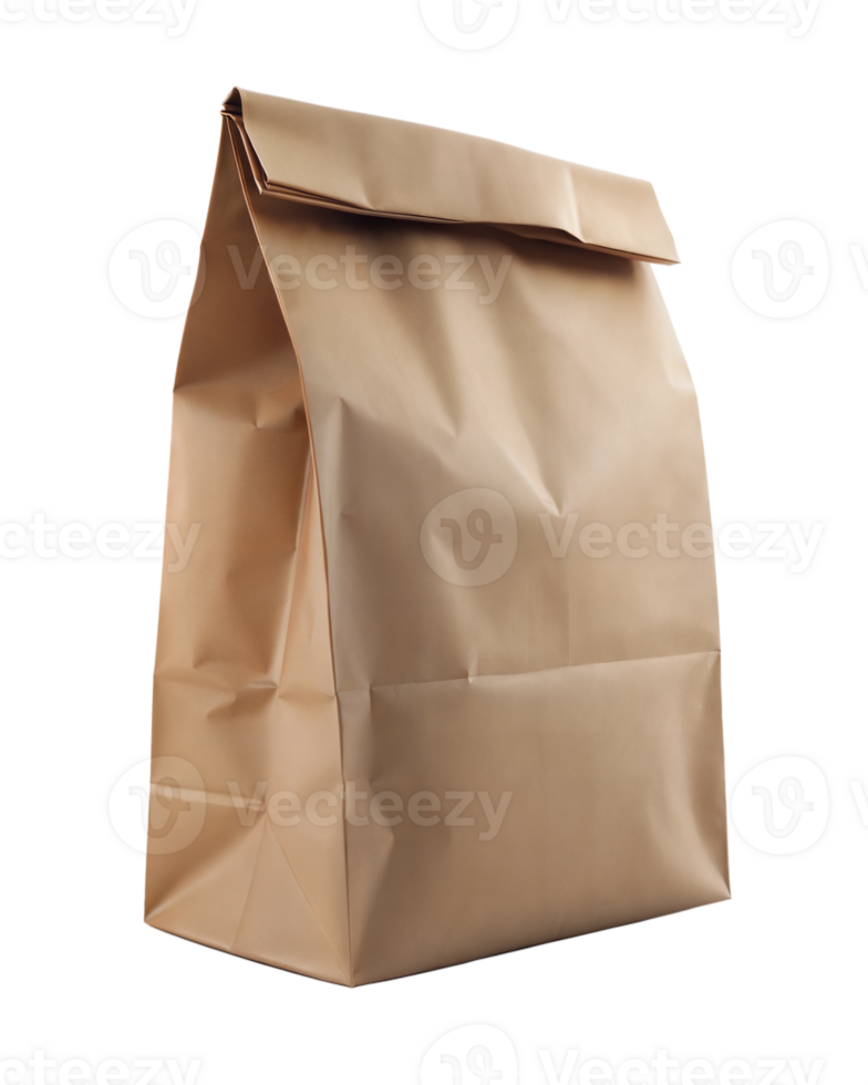 Upright brown paper lunch bag with a closed top, isolated on a transparent background. png