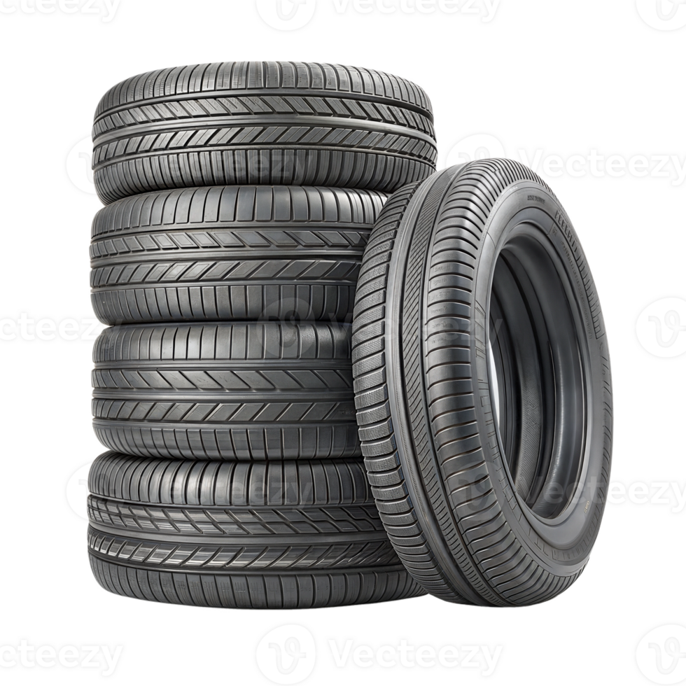 Stack of four black car tires with detailed treads, isolated on a transparent background. png
