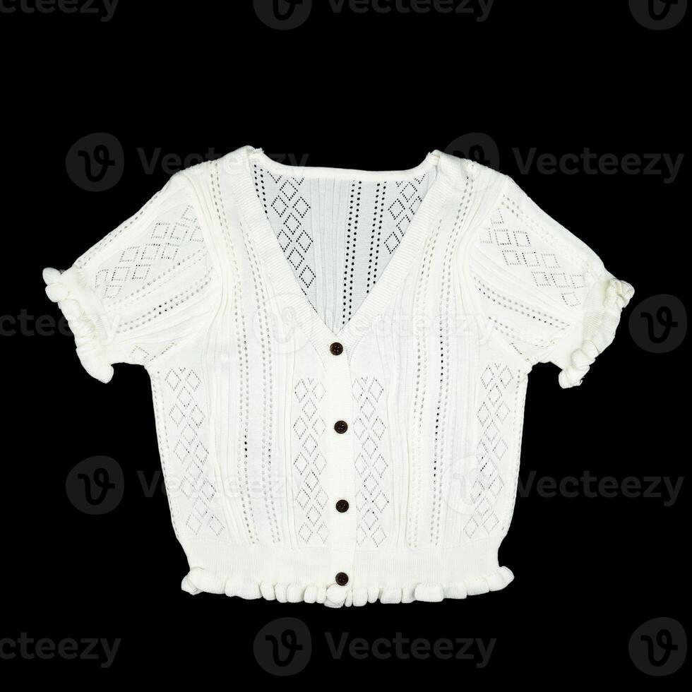 flat White knitwear sweater tshirt shape on black background with studio light. Clipping Paths. photo