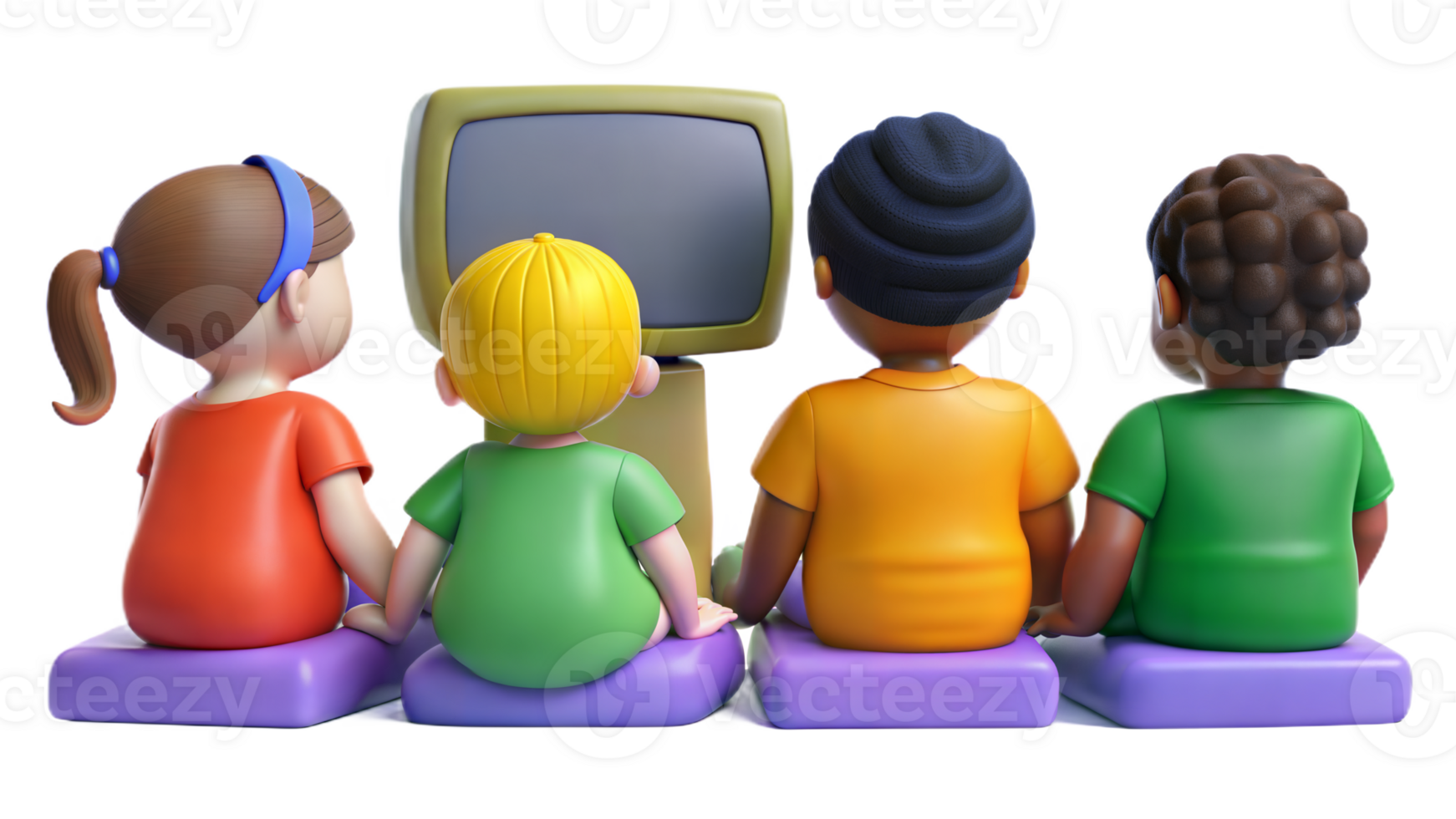 3D illustration of four kids sitting and watching TV from the back, transparent background png