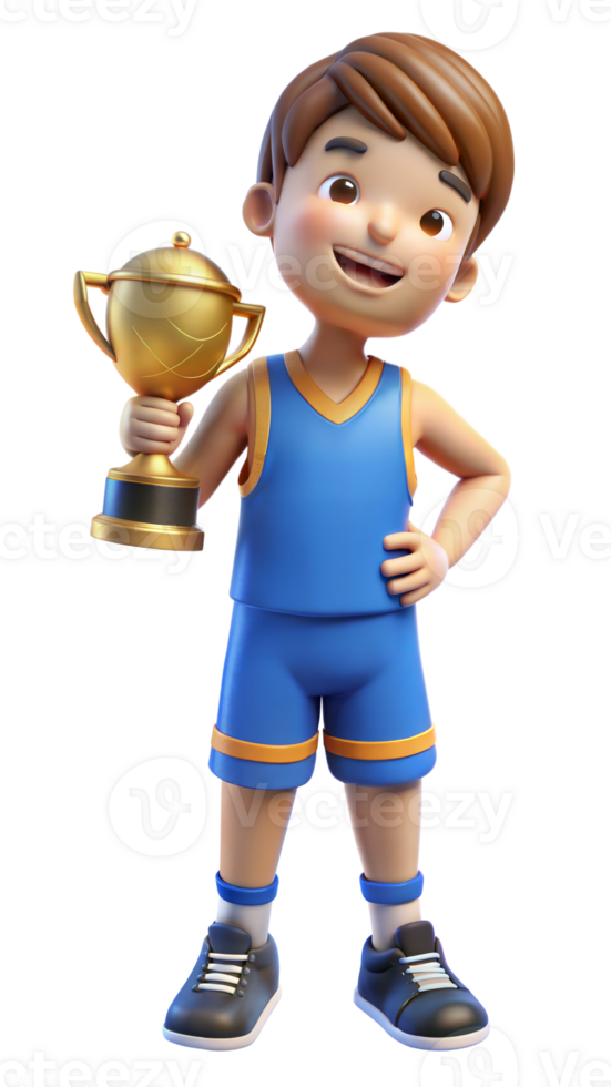 3D render of a happy boy holding a golden trophy in a blue sports jersey on a transparent background png