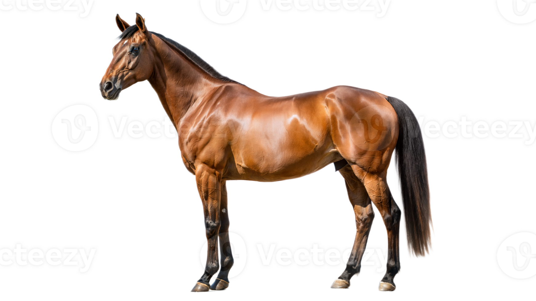 Side view of a shiny brown horse standing on a transparent background png