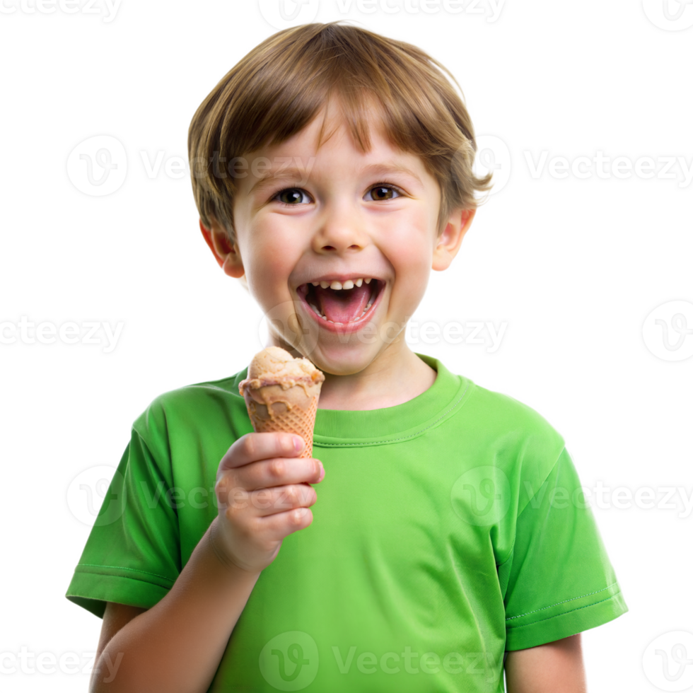Smiling boy holding an ice cream cone in a green shirt on a transparent background png
