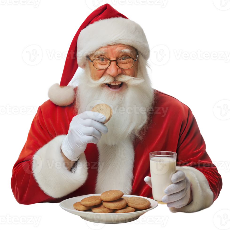 Santa Claus happily eating cookies and drinking milk on Christmas Eve png