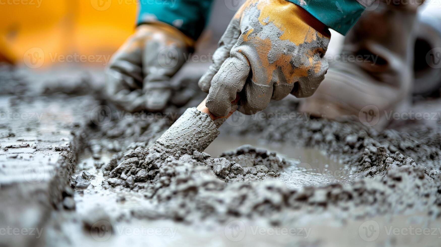 Close-up of concrete pouring work in construction work photo
