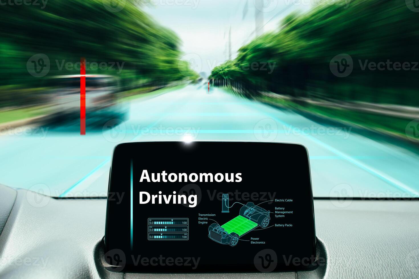 Autonomous driving technology in future driverless electric cars , Car autonomous technology concept photo