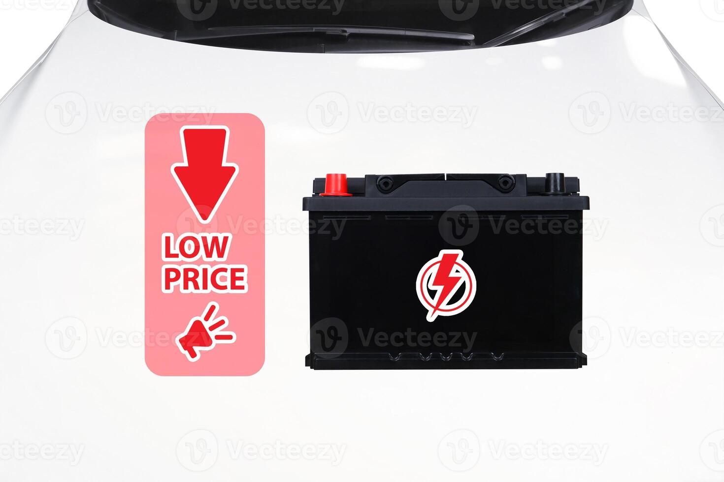 Car battery special offer and discount sale concept , Car battery isolated on white background with a discount sale badge photo