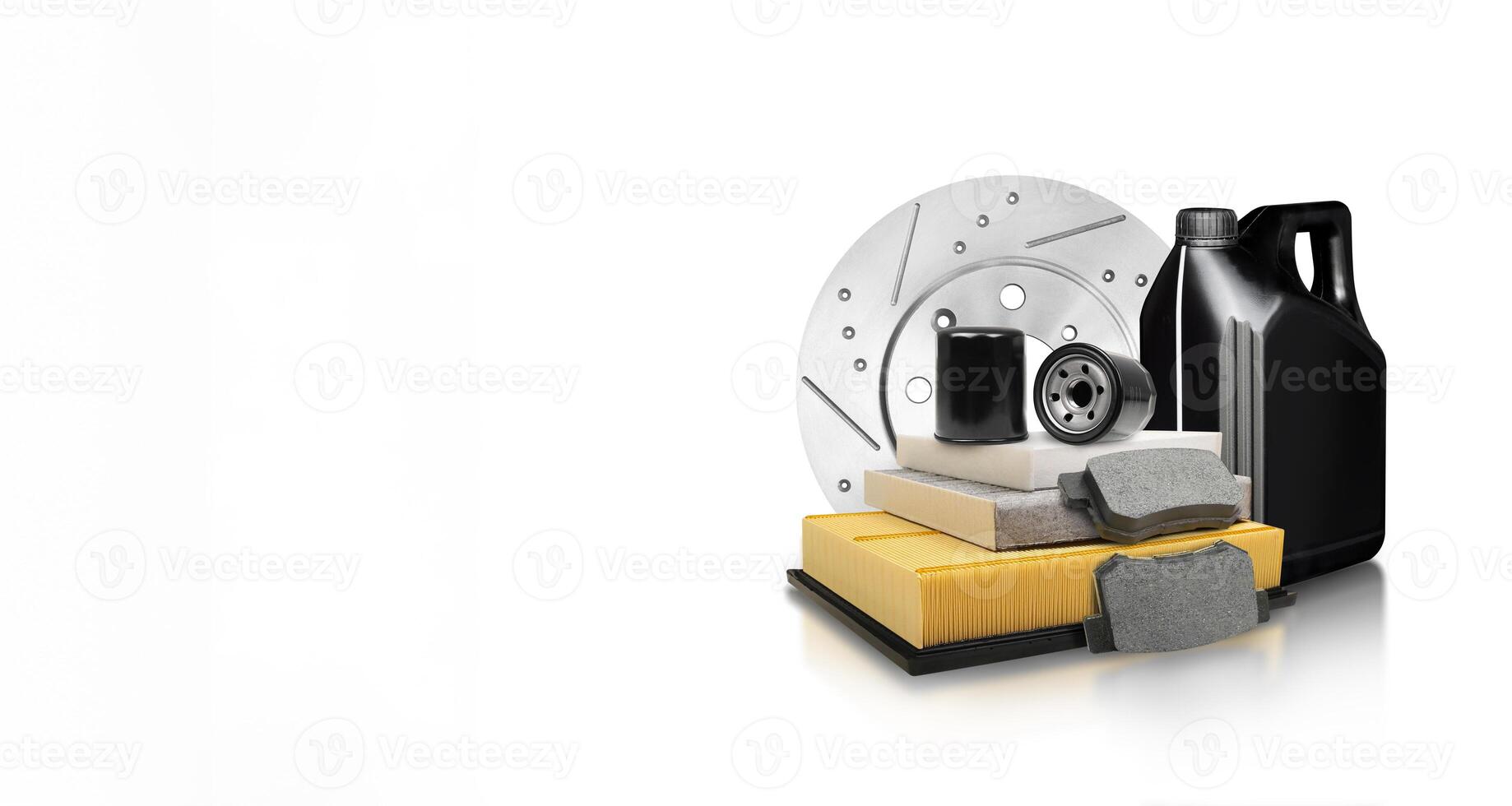 Car maintenance service concept , Auto parts and car maintenance products isolated on white background , horizontal banner with copy space for text photo