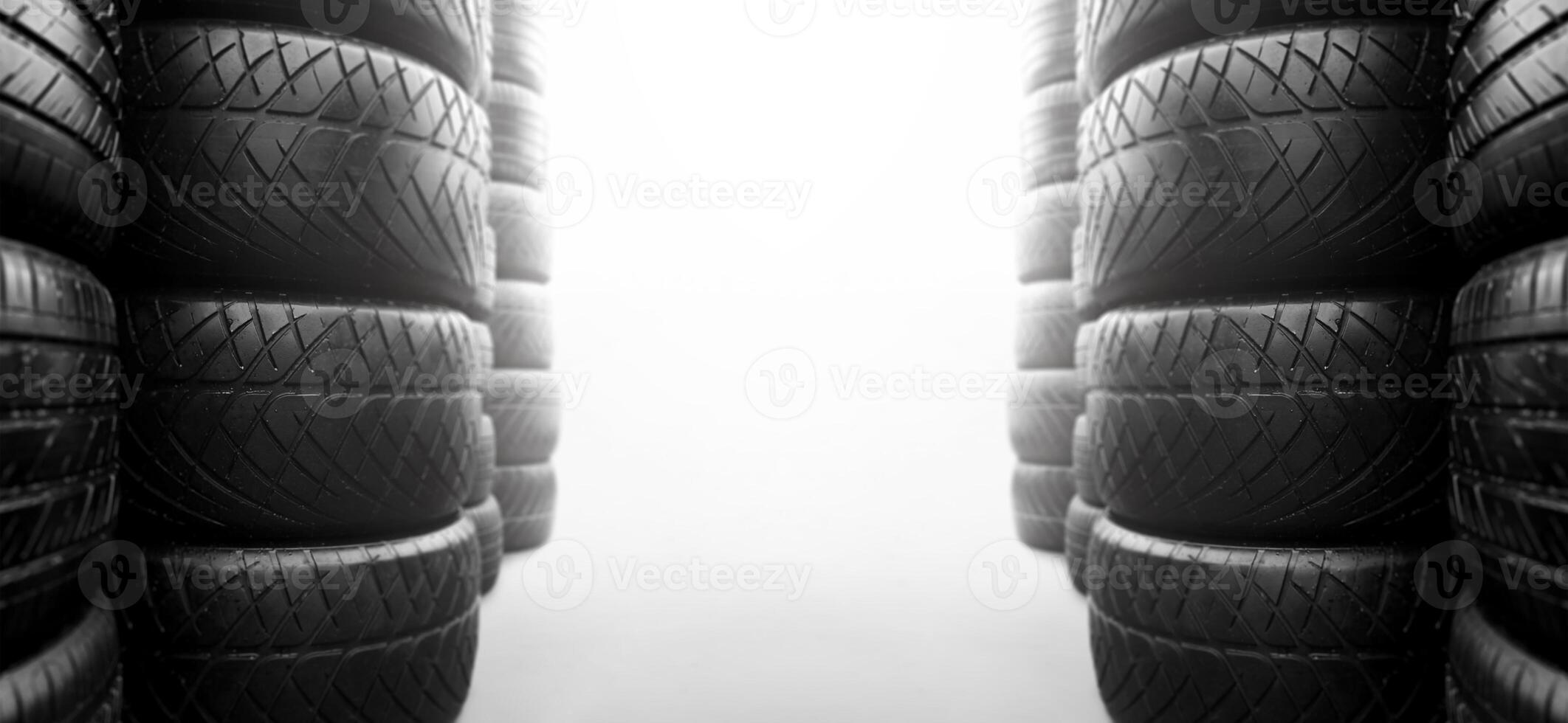 Car tire shop concept , Car tires stacked sideways in a horizontal banner background with copy space for text photo