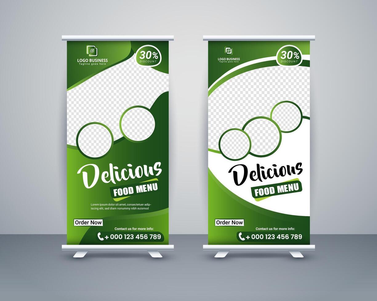 Food roll up banner design for restaurant, template modern standee banner design. vector