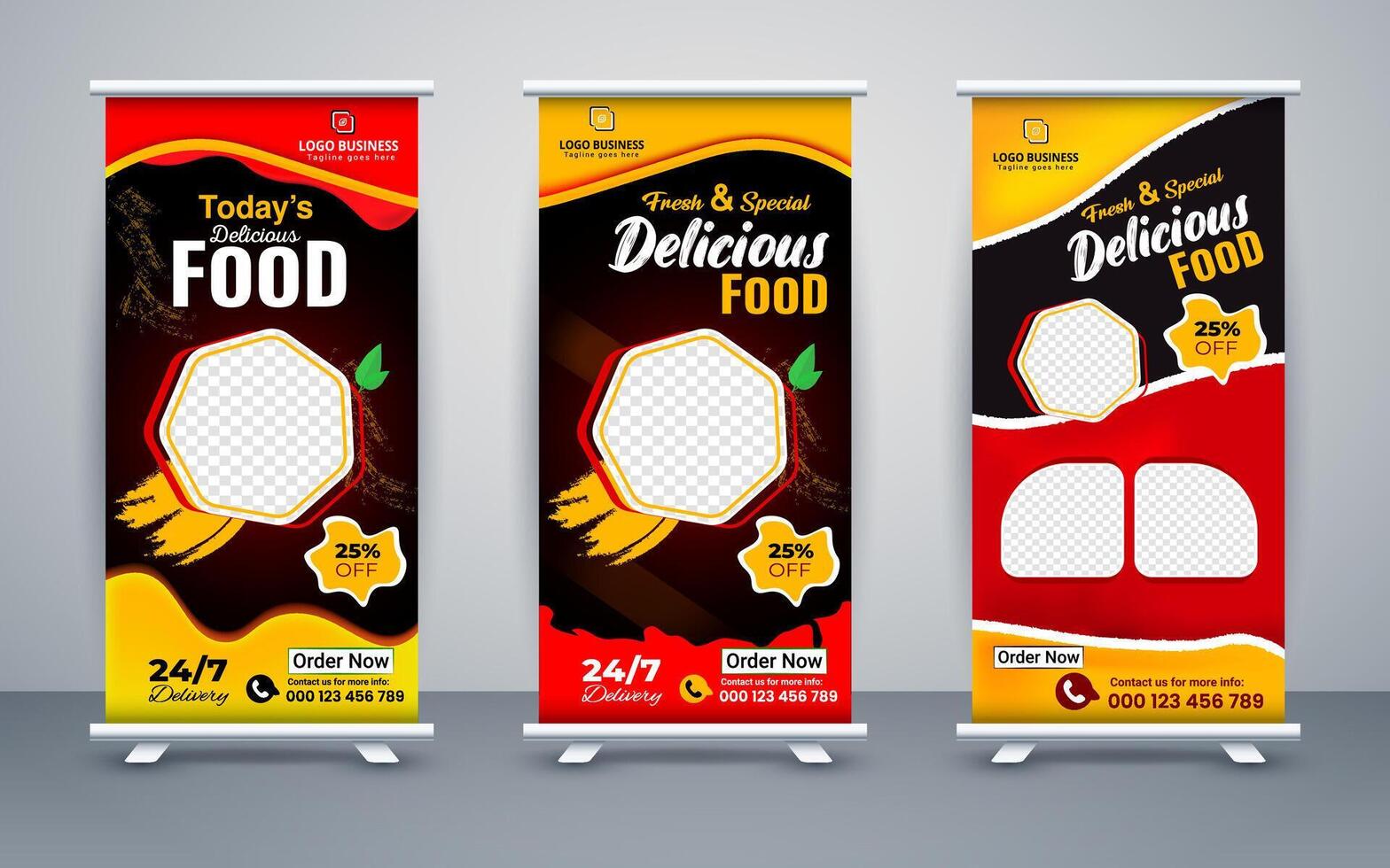 Food roll up banner design for restaurant, template modern standee banner design. vector