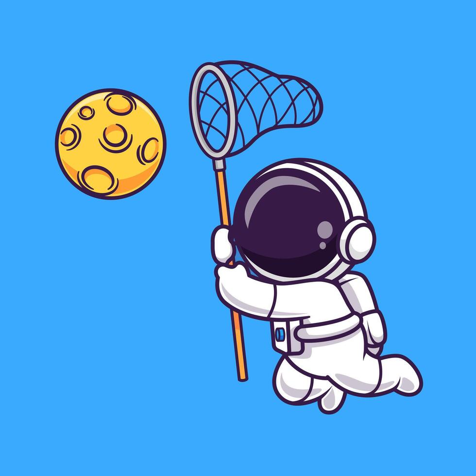 Cute Astronaut Catching Moon With Fishing Net Cartoon vector