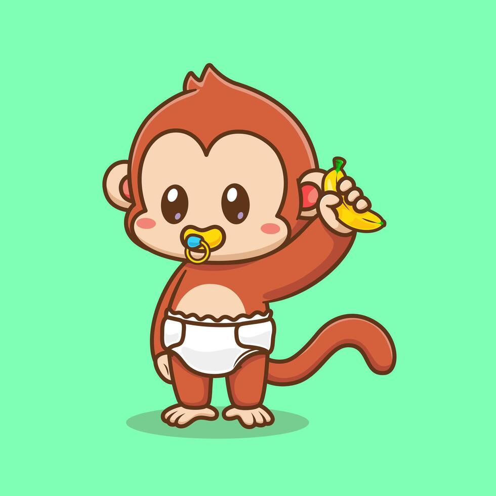 Cute Baby Monkey Holding Banana With Diaper And Pacifier Cartoon vector