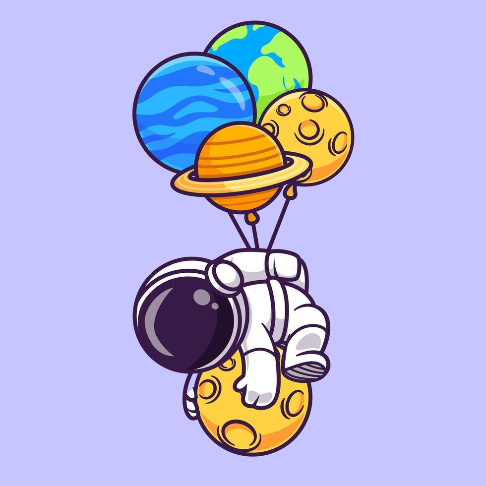 Cute Astronaut Floating With Planet Balloon And Holding Moon Cartoon vector