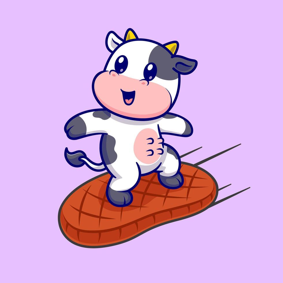 Cute Cow Surfing With Steak Meat Cartoon vector
