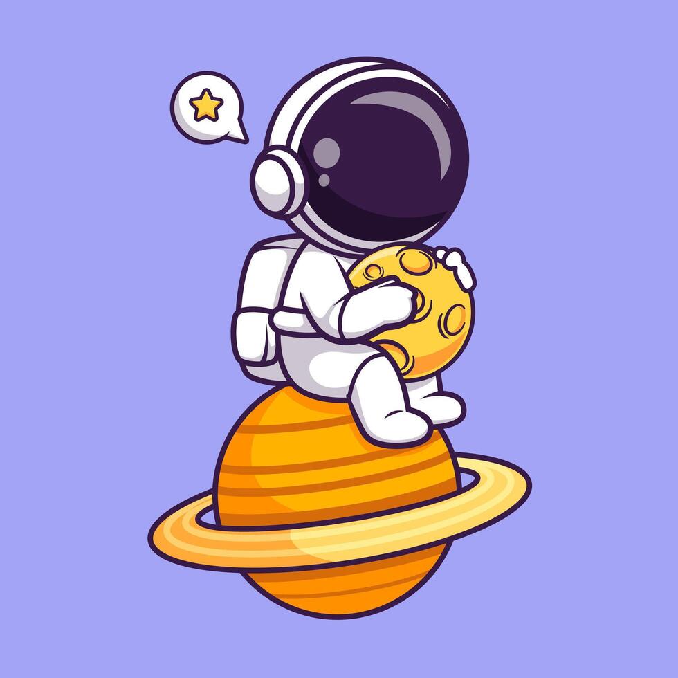 Cute Astronaut Sitting On Planet And Holding Moon Cartoon vector