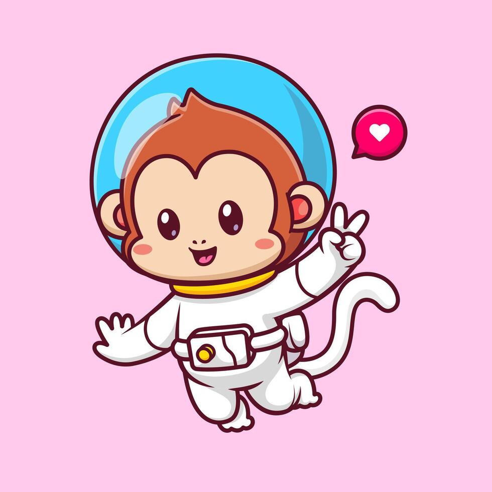 Cute Monkey Astronaut Floating In Space And Peace Sign Cartoon vector
