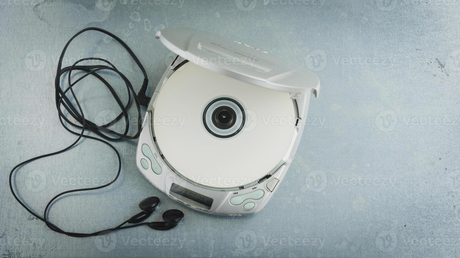 Close up of a vintage portable compact disc player. photo