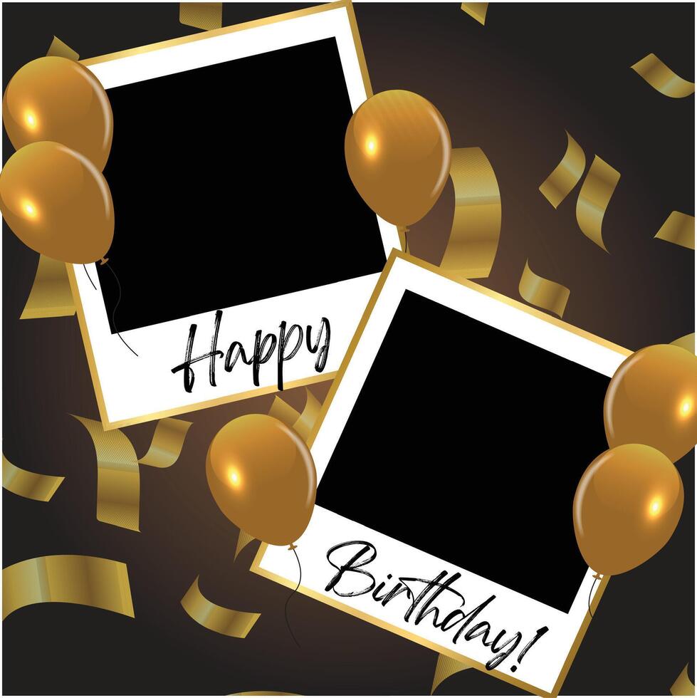 Happy Birthday photo collage two frames with balloons and confetti on a gold background vector