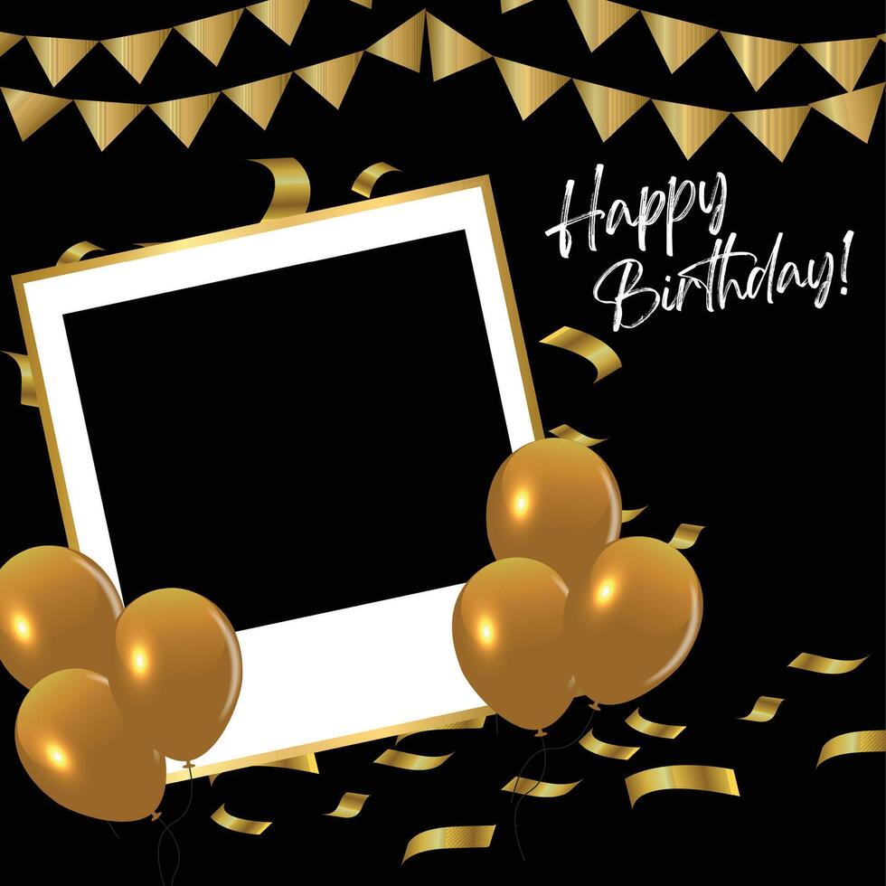 Happy Birthday photo frame with balloons and confetti on a gold background vector