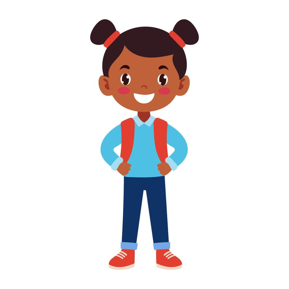 A young girl with a backpack is smiling. She is wearing a blue shirt and blue jeans. The girl is standing in front of a white background. Back to school. vector
