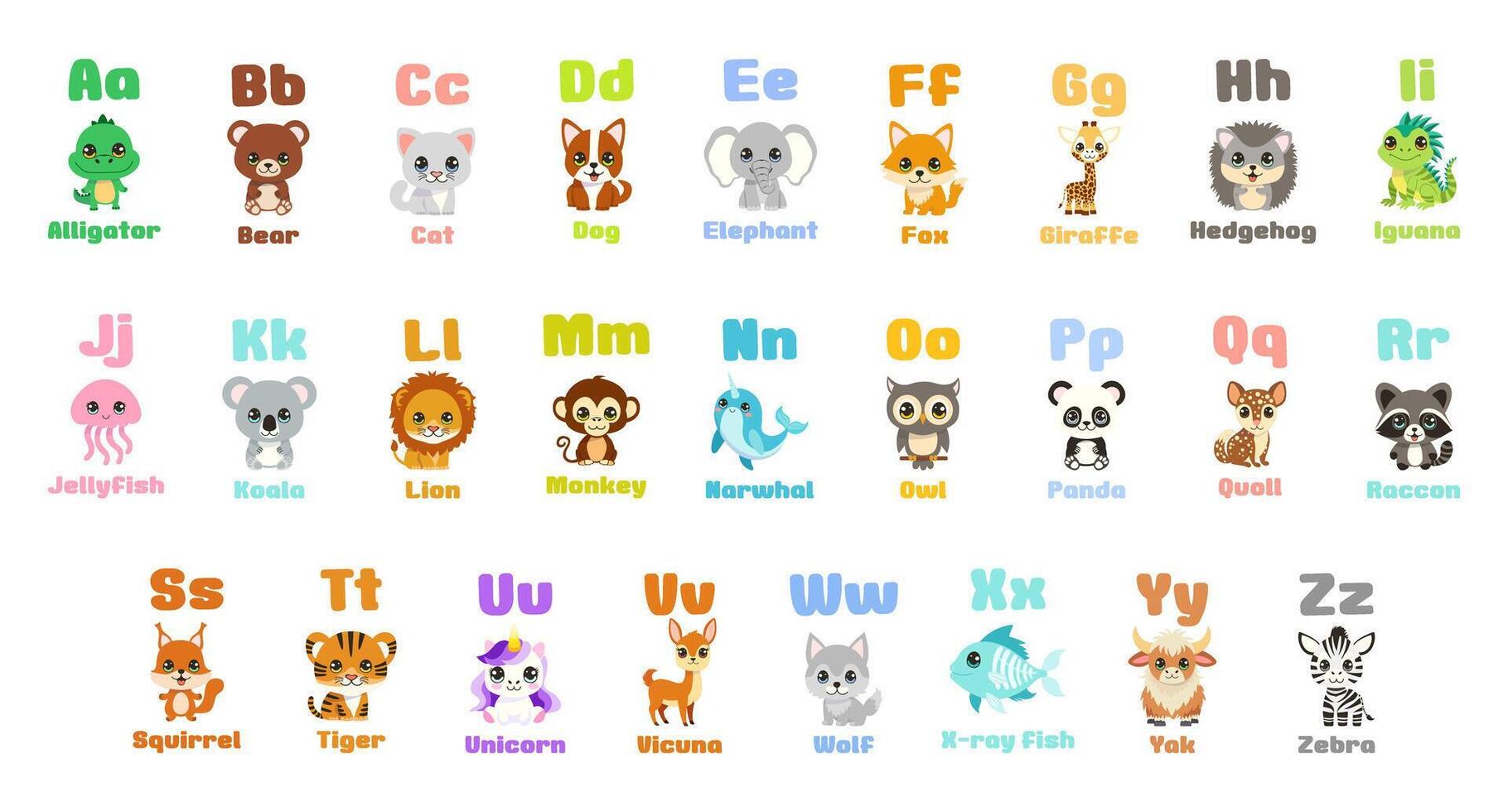 A bunch of animals are shown in alphabetical order. The animals include a bear, a cat, a dog, a fish, a frog, a giraffe, a kangaroo, a koala, a lion, a monkey vector