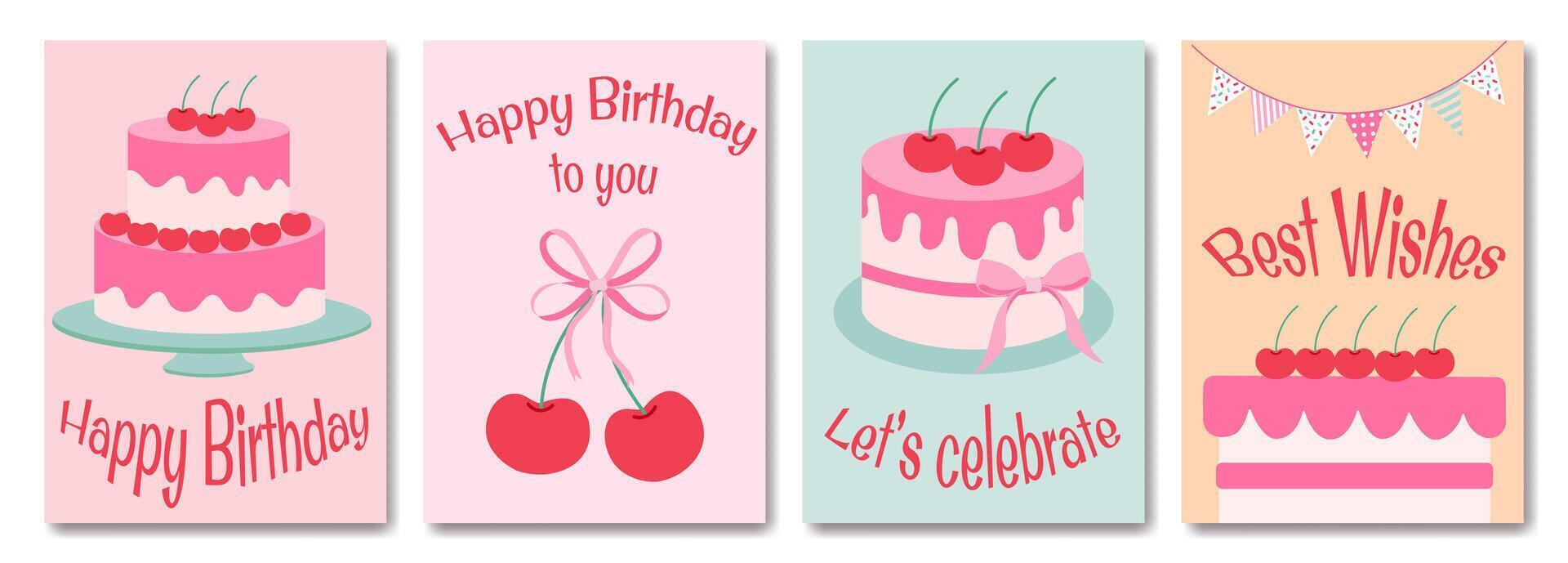 A set of four birthday cards featuring a cake with cherries on it. The cards are all pink and have a happy birthday message vector