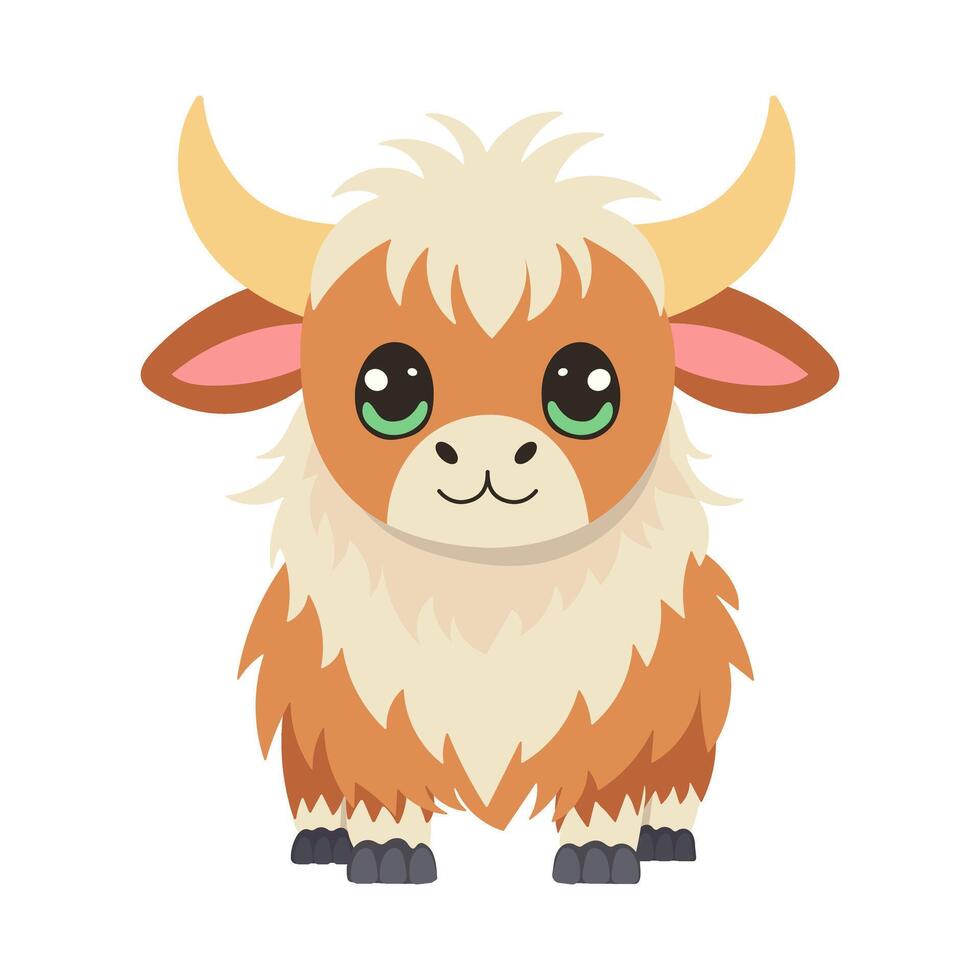 A cartoon yak and a big smile. The cow is cute and friendly. It is standing on a white background vector