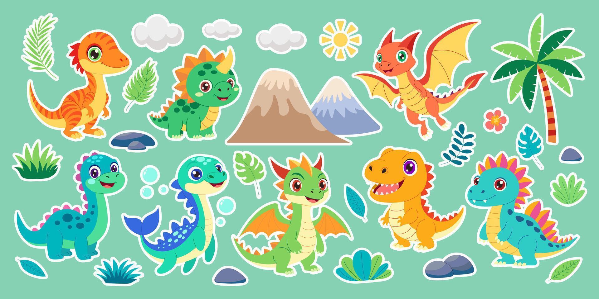A collection of cartoon dinosaurs, including a dragon, are shown in a lush green jungle. The scene is lively and playful, with the dinosaurs interacting with each other and their environment vector
