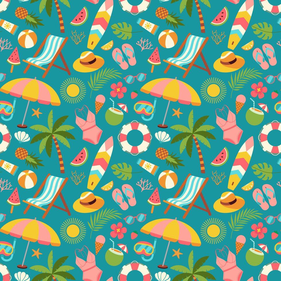 A colorful beach scene with a variety of items such as chairs, umbrellas, and sunglasses vector