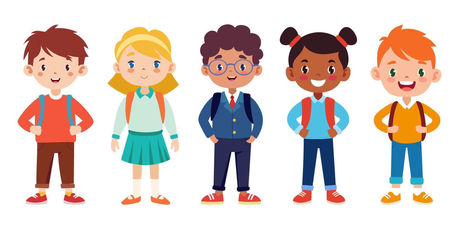 A group of children are standing in a row, all wearing backpacks. They are all smiling and seem to be happy vector