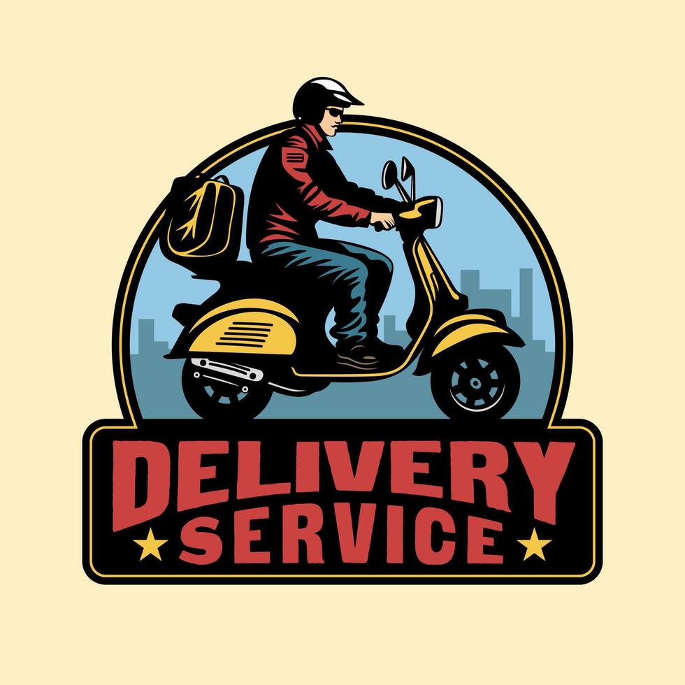 Scooter Delivery man fast delivery courier box biker package service logo vector