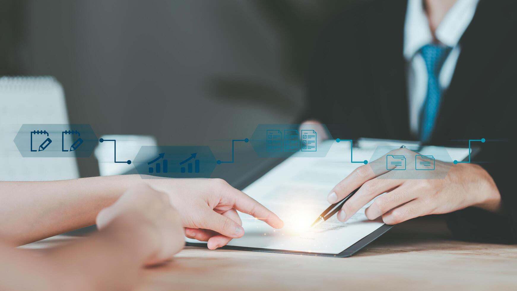 Businessman validates and manages business documents and agreements ,legal contract ,signing business contract approval ,joint venture agreement ,contract documents confirmation ,guarantee correctness photo