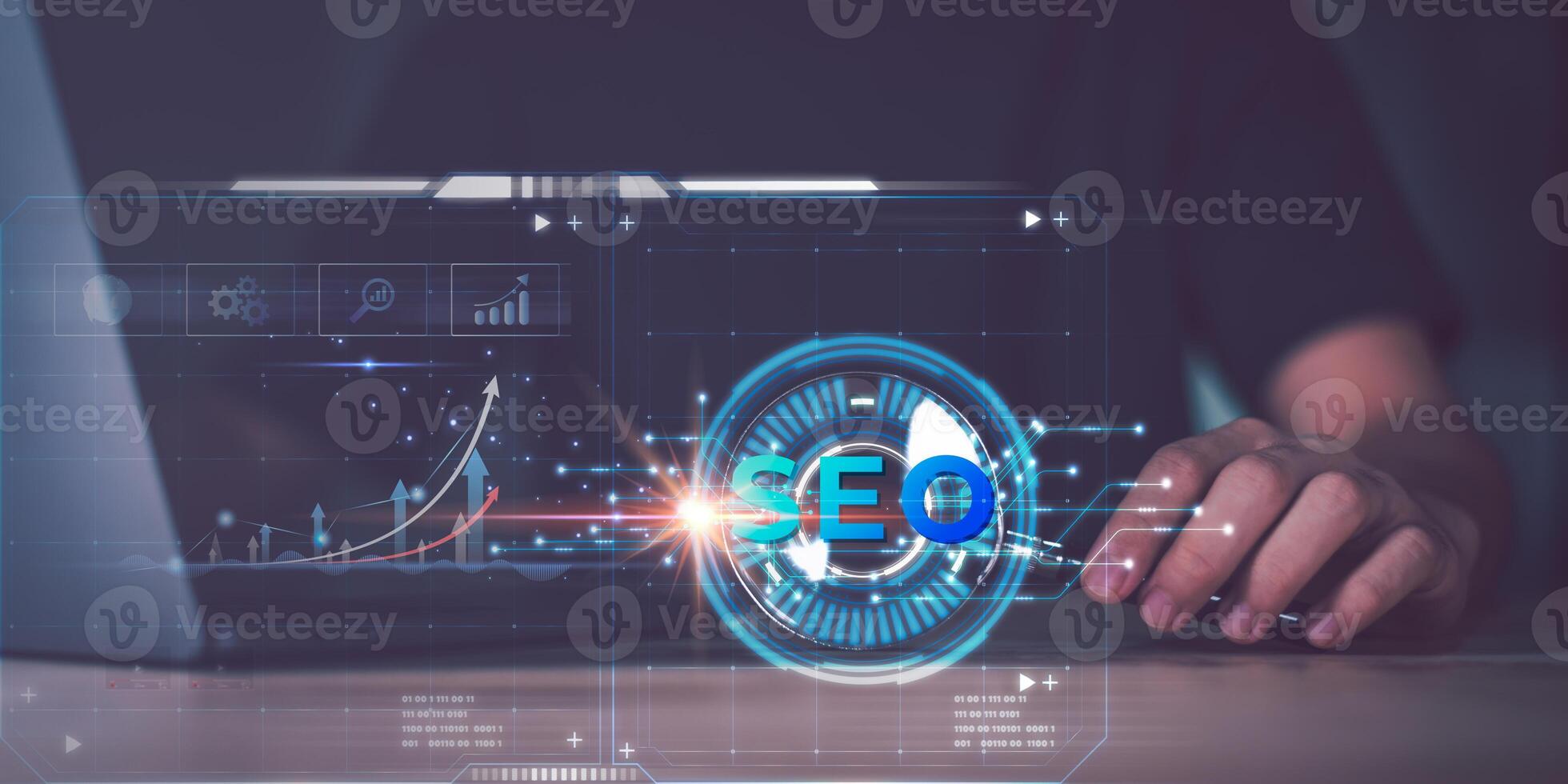 entrepreneur showing SEO concept ,optimization analysis tools , search engine rankings ,social media sites based on results analysis data ,Website Search Optimization ,nteresting web rankings photo